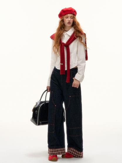 ASGONY - Preppy Embroidered Cropped Shirt (White)