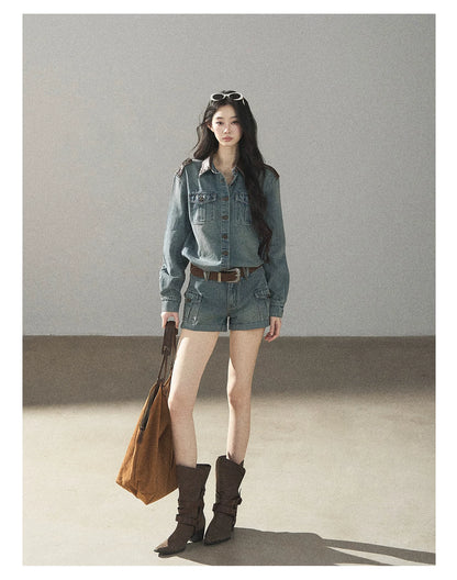 AOMALM - "Borrowed Sunshine" Vintage Blue Denim Commuter Set (Top + Shorts with Belt)