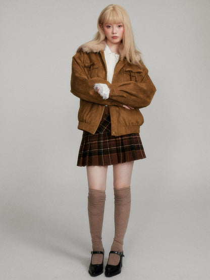 “Maillard Warmth” Yellow-Brown Faux Suede Fleece-Lined Short Jacket M6667