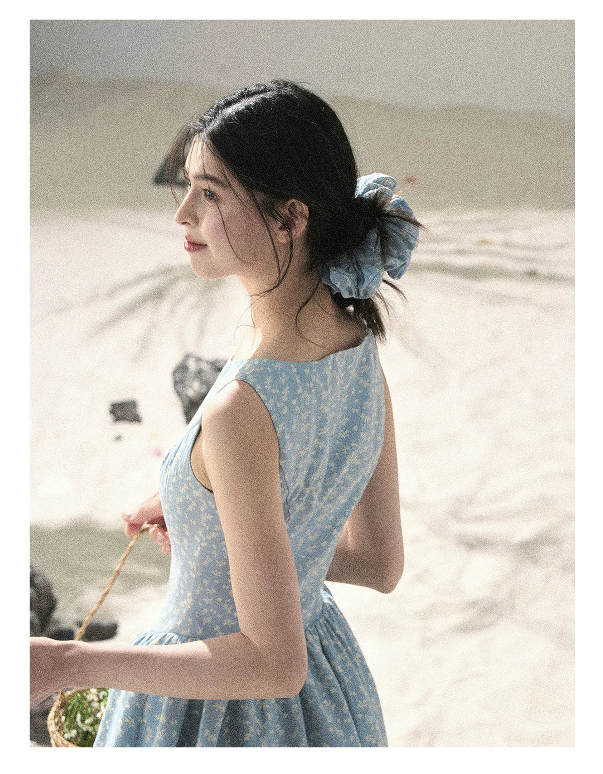 "Sage Summer" Haze Blue Lace Floral Puff Mini Dress