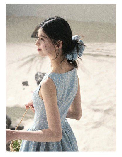 "Sage Summer" Haze Blue Lace Floral Puff Mini Dress