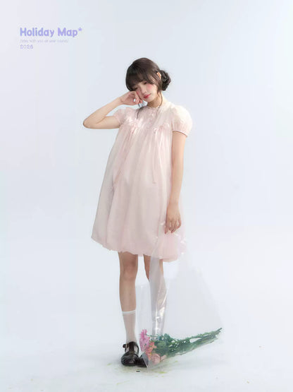 "Little Princess" Strawberry Pink Lace Bow Bubble Hem Midi Dress
