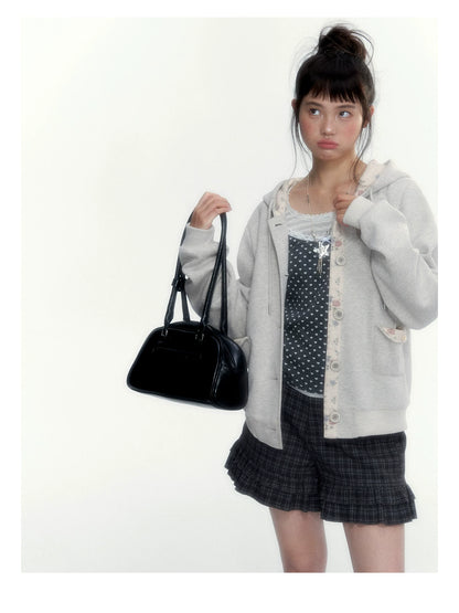 “Early Gray” Light Gray Striped Lace-Trimmed Fitted Long-Sleeve Top