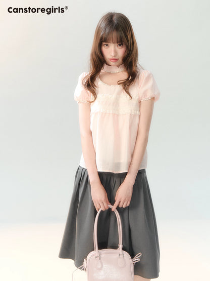 "Pink Mist Notes" Blush Pink Lace Puff Sleeve Blouse  LL2026217