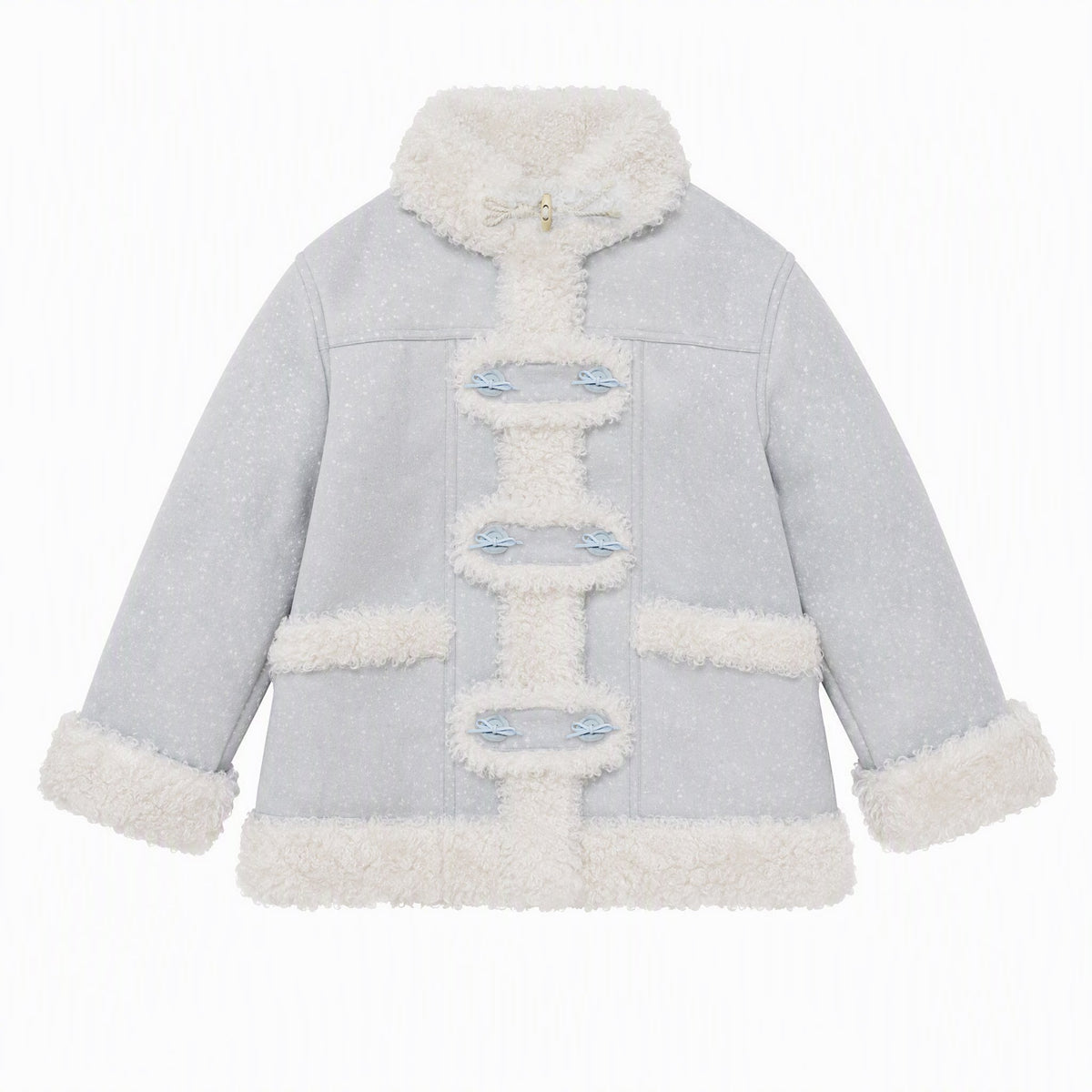 RF - Mist Blue Bow Print Suede-Look Jacket with Cream Curly Faux Fur Trim