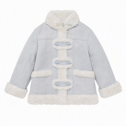 RF - Mist Blue Bow Print Suede-Look Jacket with Cream Curly Faux Fur Trim