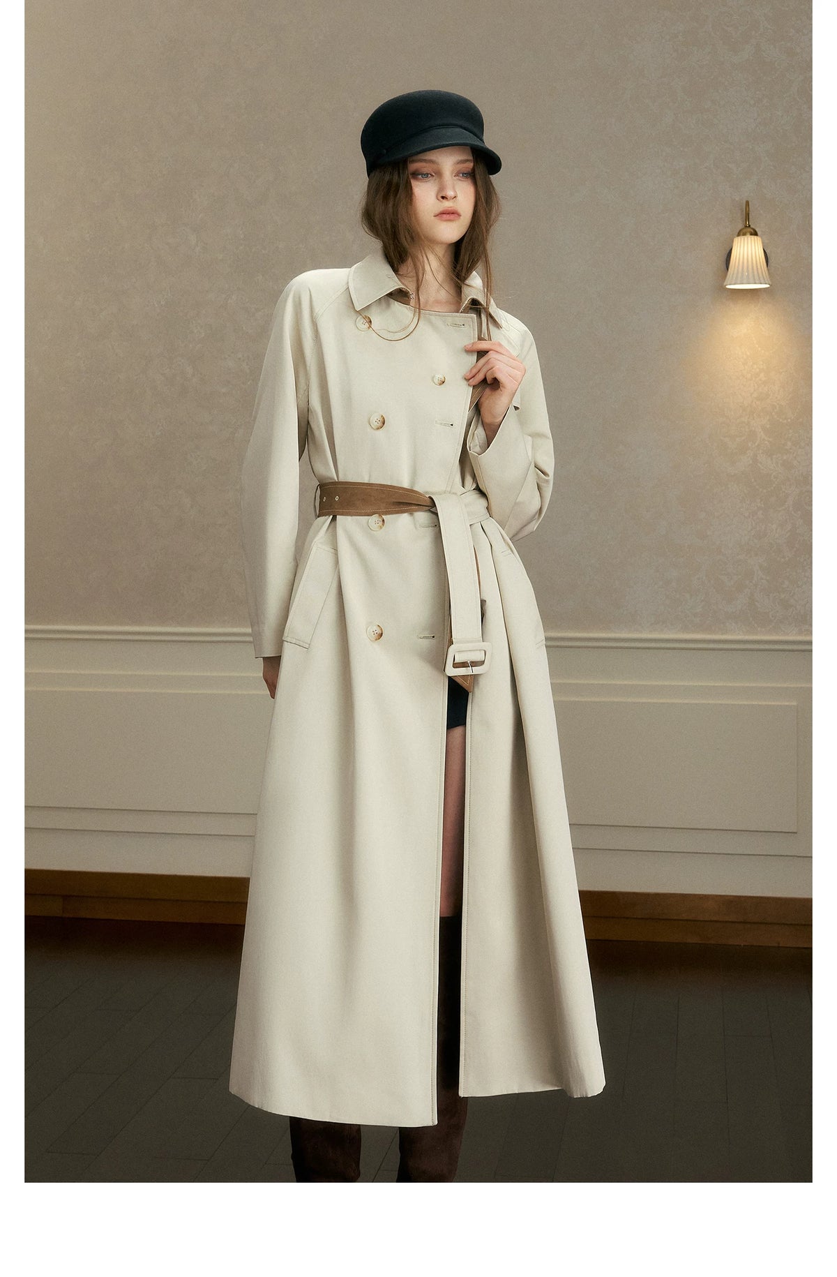 oshea - Moonlight Gray Double-Breasted Belted Long Trench Coat