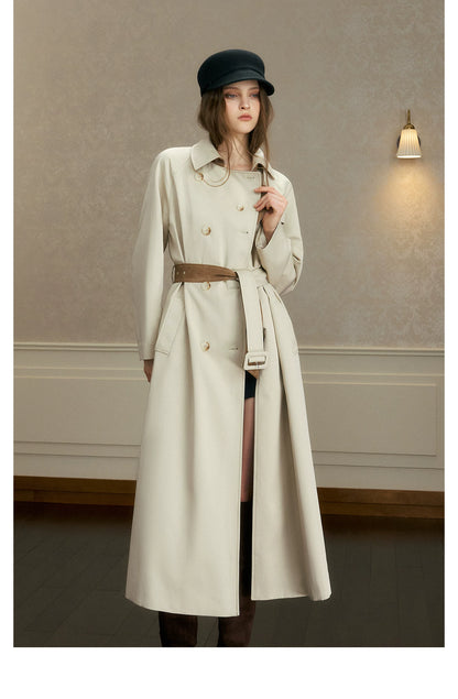 oshea - Moonlight Gray Double-Breasted Belted Long Trench Coat