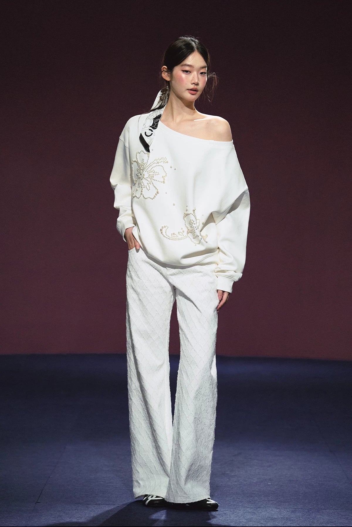"Pearl Reverie" Pearl Embellished Convertible Off-Shoulder Sweatshirt (Red/ White)