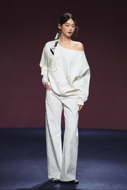 "Pearl Reverie" Pearl Embellished Convertible Off-Shoulder Sweatshirt (Red/ White)