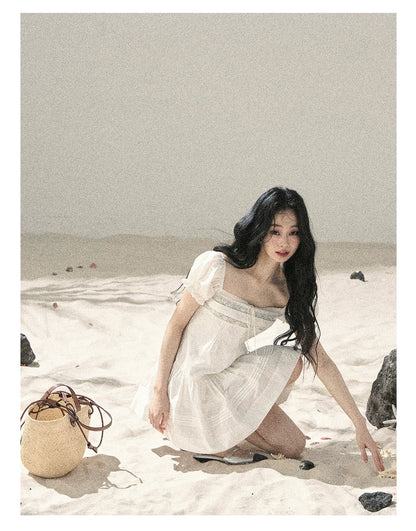 "Light as a Cloud" Frost White Puff Sleeve Lace Babydoll Mini Dress