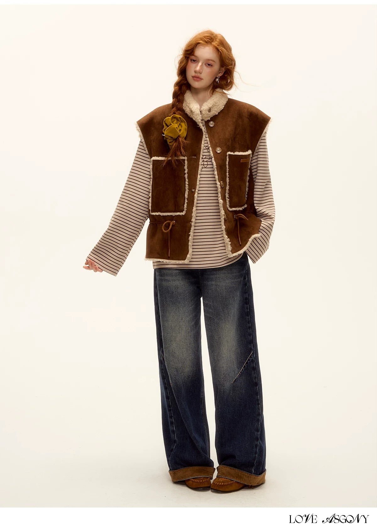 ASGONY - Brown Reversible Suede Faux Shearling Drawstring Vest