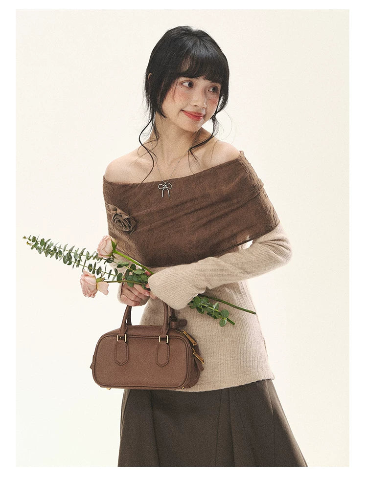 "Vintage Contrast" Brown Apricot Off-Shoulder Floral Knit Top