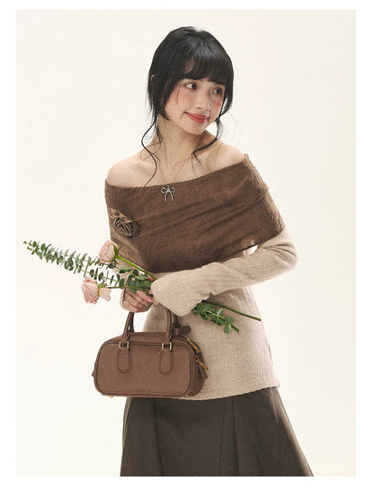 "Vintage Contrast" Brown Apricot Off-Shoulder Floral Knit Top