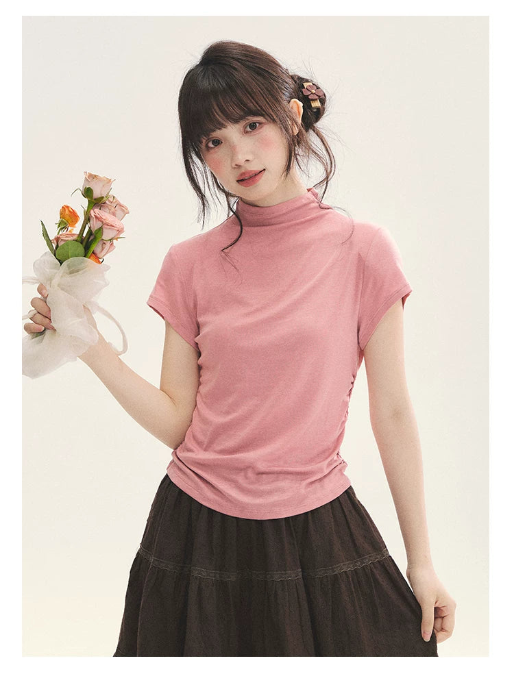 "Rose Haze" Dusty Pink Mock Neck Ruched Puff Sleeve Top