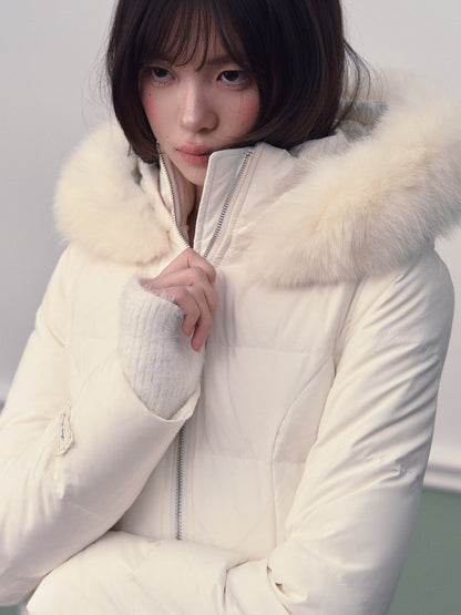 Soote Season - Milk White Cropped Hooded Slim Down Jacket with Detachable Fur Collar