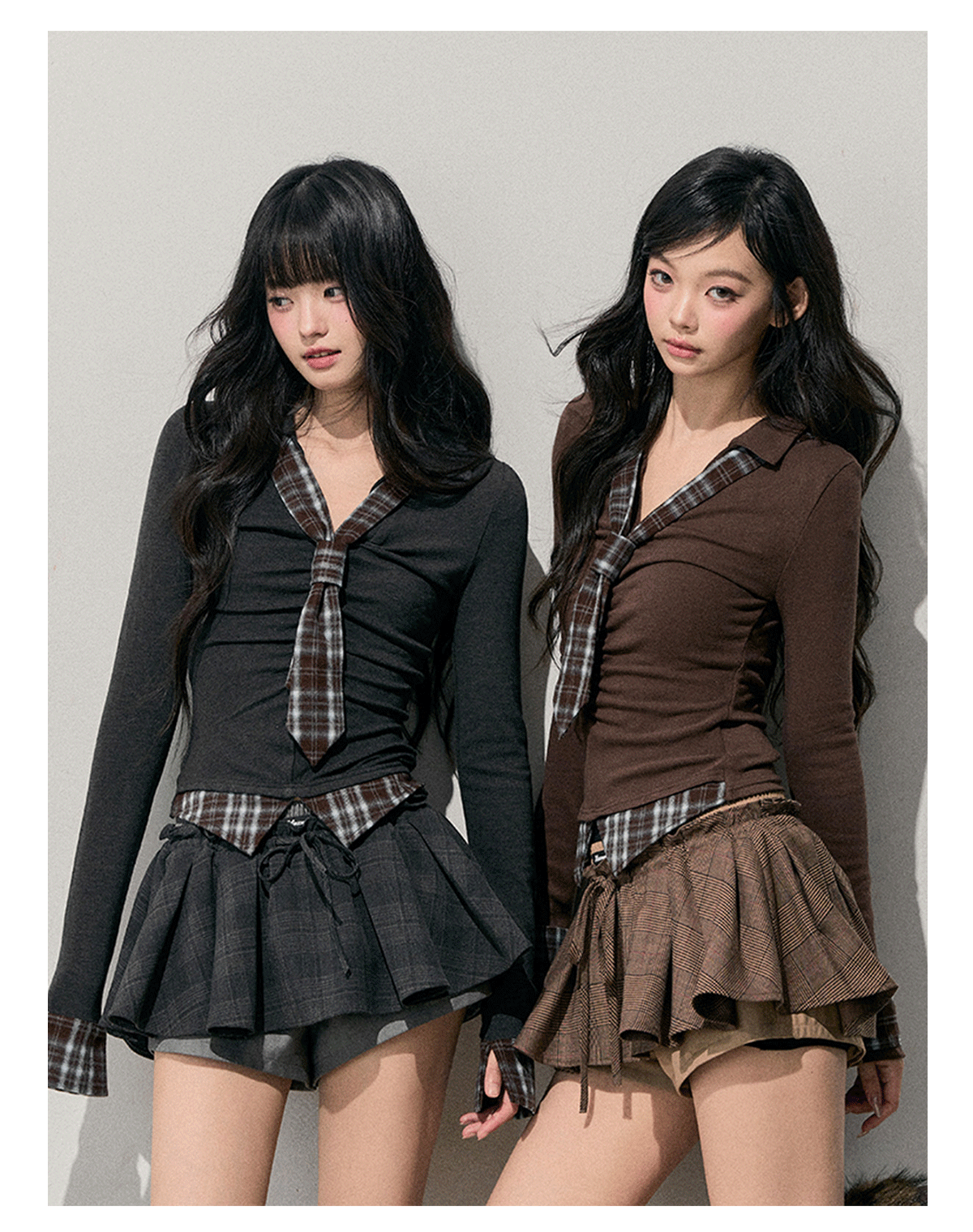 少也眼 “Faded Moss Traces” Vintage Plaid Layered-Effect Knit Top 5435435