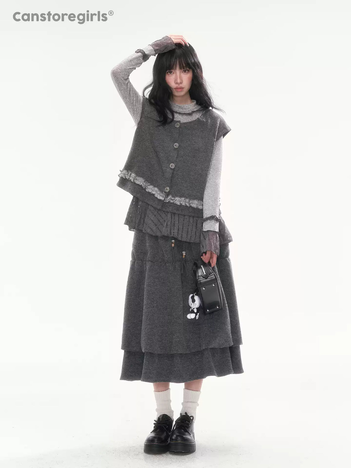 [CAN] Dark Gray Tiered Wool-Blend Midi Skirt