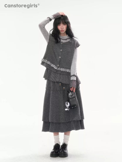 [CAN] Dark Gray Tiered Wool-Blend Midi Skirt