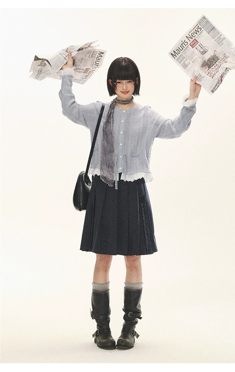 "Wisteria Whisper" Open-Knit Lace Tie Cardigan (Wisteria/ Ivory)