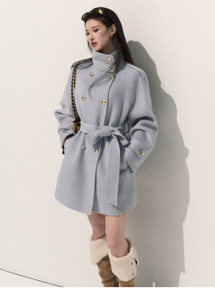 OAKMOO/ Pure Wool Belted Double-Faced Stand Collar Coat (Silver Blue / Flint Gray)