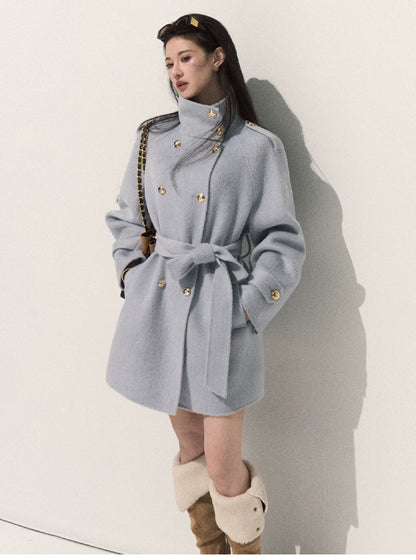 OAKMOO/ Pure Wool Belted Double-Faced Stand Collar Coat (Silver Blue / Flint Gray)