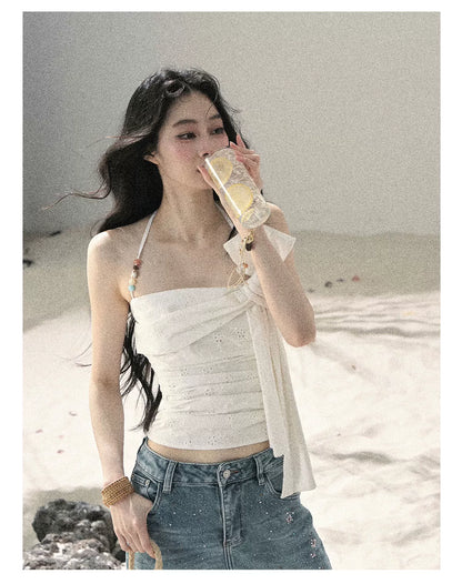 "Fragments of Tenderness" Frost White Halter Twist Crop Top