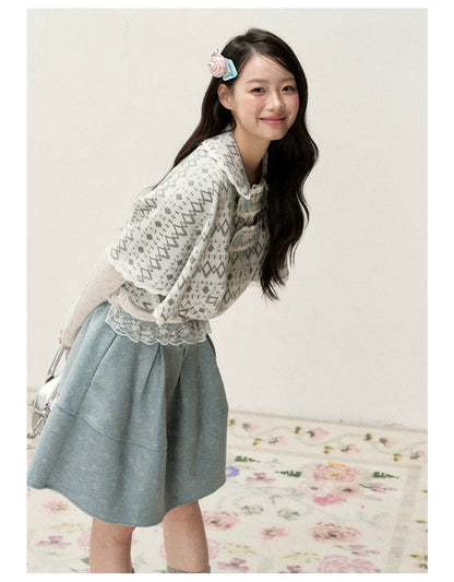 [RF] Mist Gray Argyle Jacquard Cropped Poncho-Style Pullover with Lace Trim