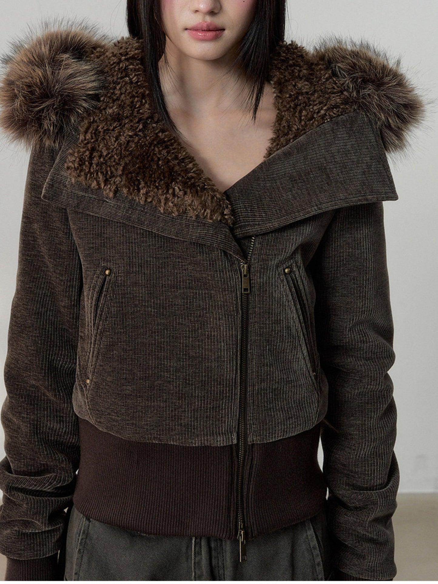 Soote Season - Deep Brown Chenille Faux-Fur Hooded Cropped Jacket