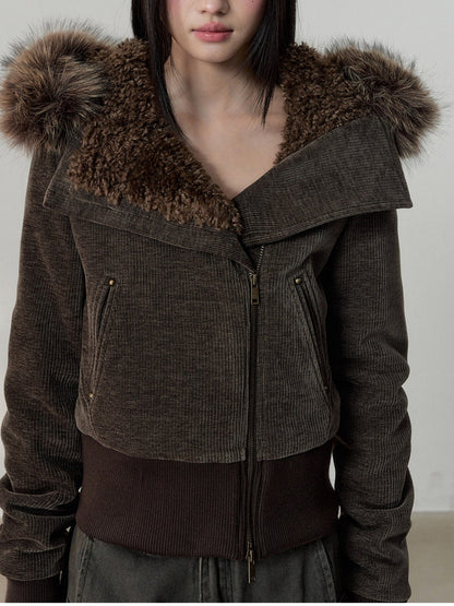 Soote Season - Deep Brown Chenille Faux-Fur Hooded Cropped Jacket