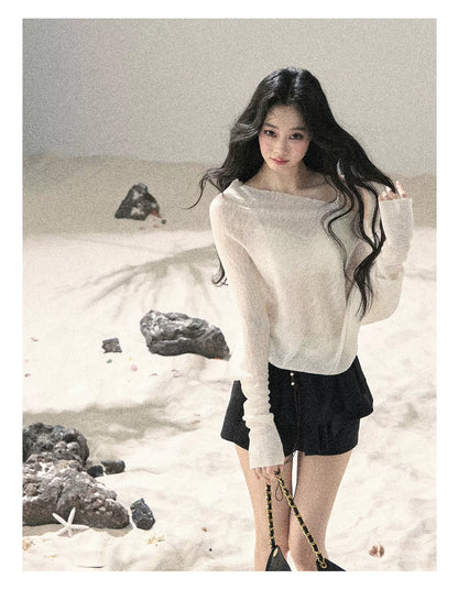 "Misty Veil Whisper" Holland Cheese Off-Shoulder Sheer Sun Protection Top 5345634