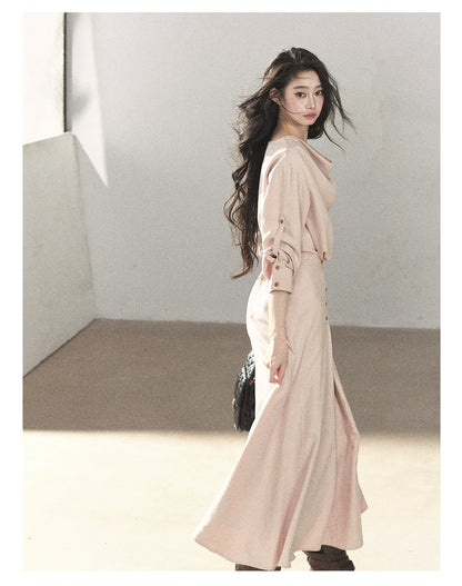 AOMALM - Cinnamon Pink Draped-Neck A-Line Maxi Dress