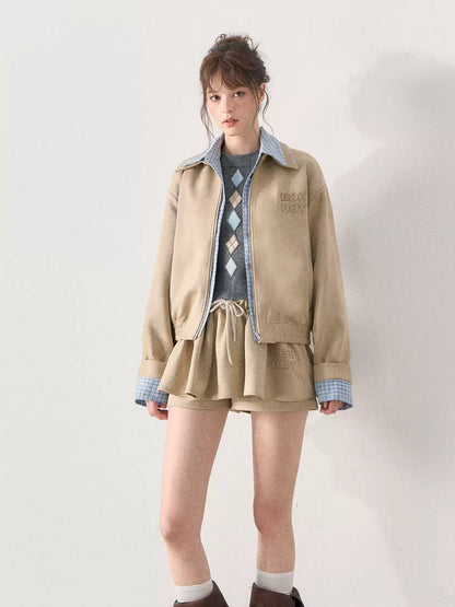 [TMMG] Light Khaki Suede Faux Two-Piece Jacket & Skirt Set