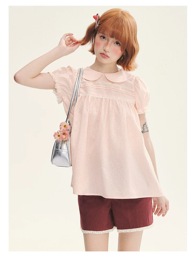 "Sweet Silhouette" Plaid Lace Trim Puff Sleeve Peter Pan Collar Blouse (Red Blue / Red White)