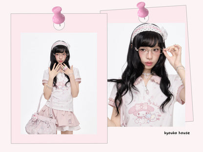 “Melody Blossom” Pink Floral Polo & Layered Skort Set