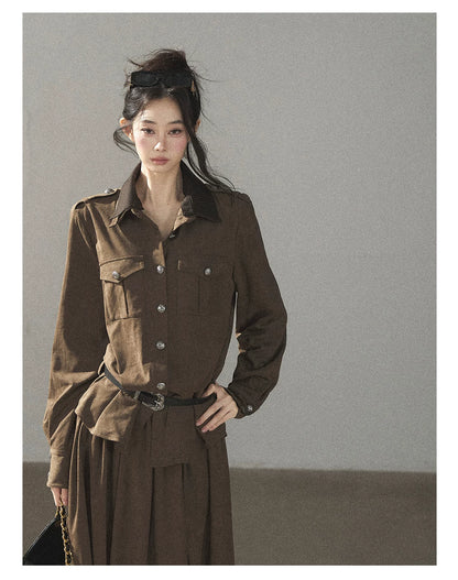 AOMALM - Terracotta Brown Shirt & Pleated Mini Skirt Set (With Belt)
