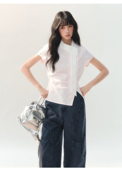[CAN] "Girl's Getaway" Pink Stripe Ribbon Collar Blouse