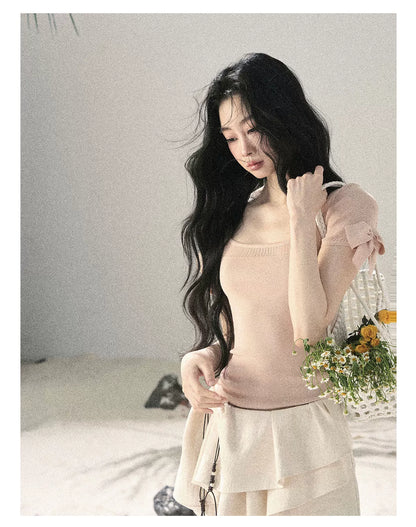 "Gentle Ocean Tide" Baby Pink Cutout Knit Crop Top 75511