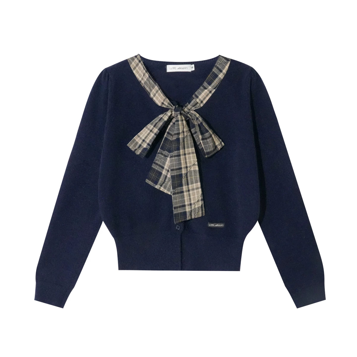 ASGONY - Navy Plaid Bow Detail Cropped Knit Cardigan