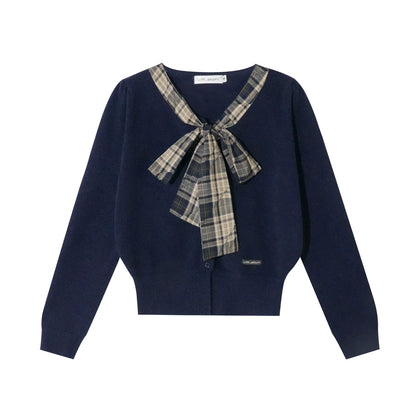 ASGONY - Navy Plaid Bow Detail Cropped Knit Cardigan