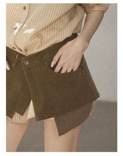 AOMALM - "Autumn Botanicals" Amber Yellow Striped Shirt & Wrap Faux Half-Skirt Set