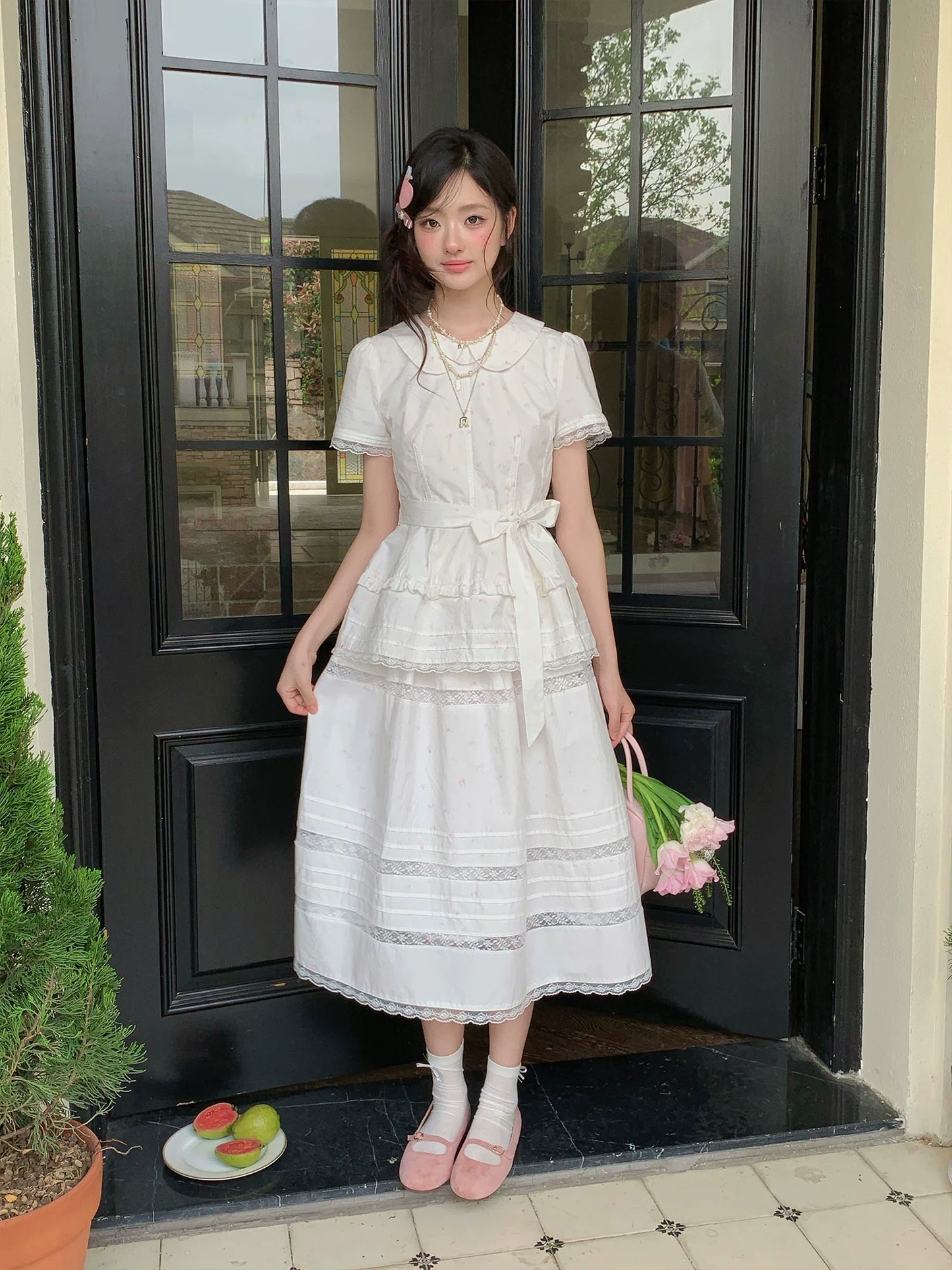 “Midsummer Blossom Letter” White Floral Cake Skirt Set