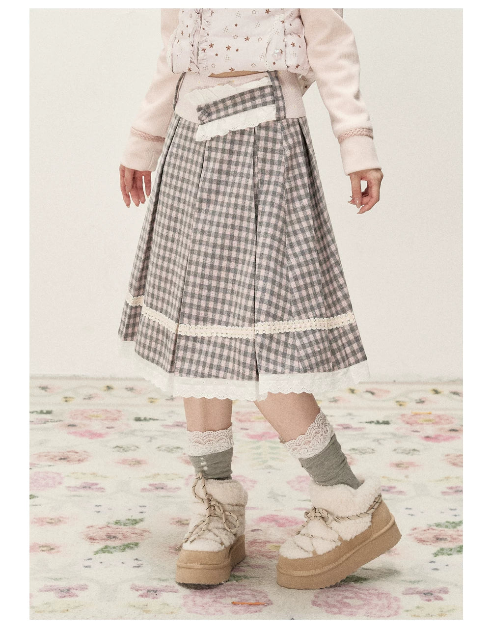[RF] Gray & Pink Plaid A-Line Midi Skirt with Lace Trim