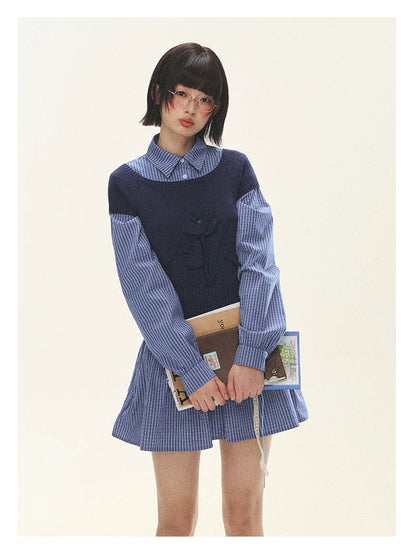 "Holiday Blues" Blue Plaid Bow Shirt Mini Dress