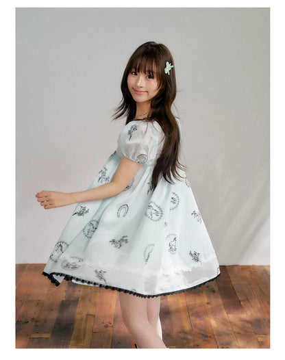 “Brown Sugar Fairytale” Blue Embroidered Puff Sleeve Dress