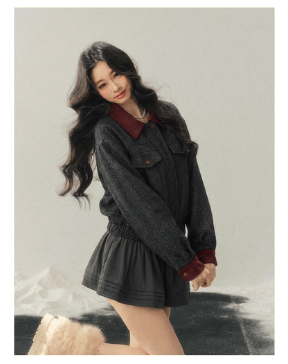 少也眼 "Falling Wutong Leaves" Hepburn Wool Tweed Two-Piece Set - Gray