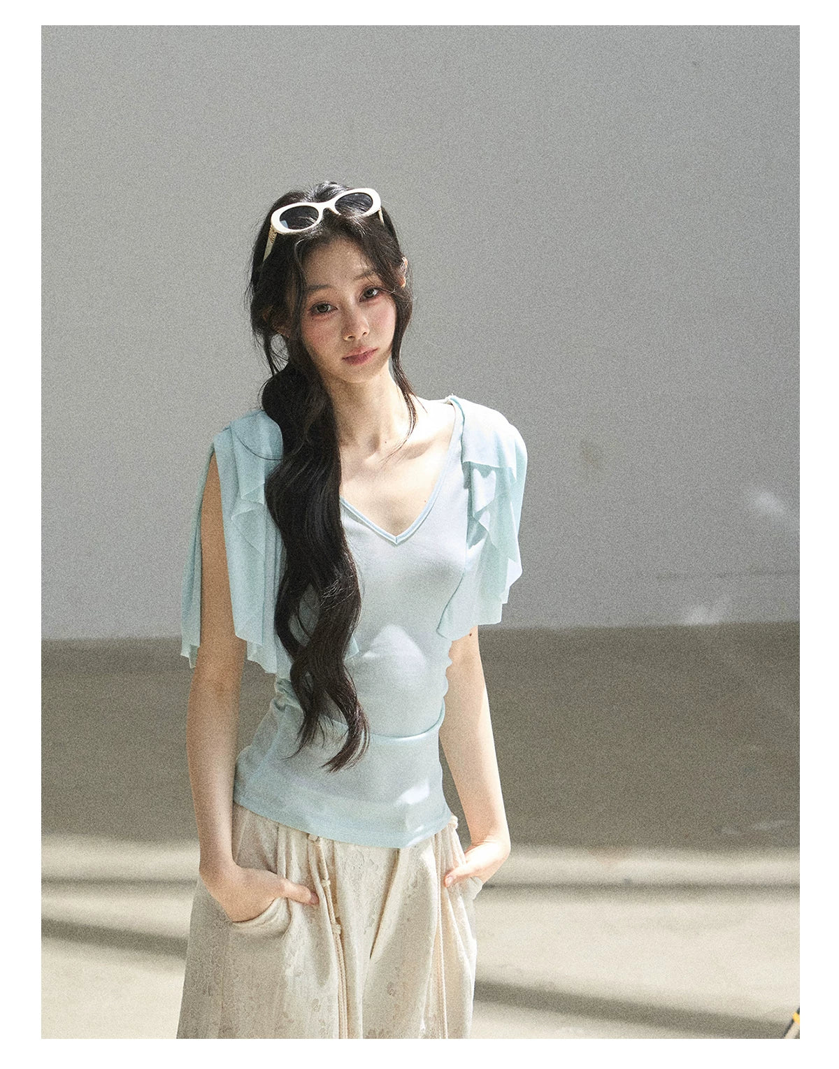 "Where Clouds Fall" Ruffle Sleeve V-Neck Crop Top (Forest Green/ Sage Gray/ Misty Blue/ Cinnamon Pink)