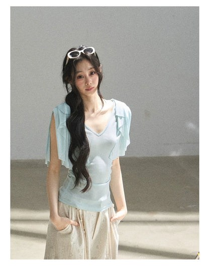 "Where Clouds Fall" Ruffle Sleeve V-Neck Crop Top (Forest Green/ Sage Gray/ Misty Blue/ Cinnamon Pink)
