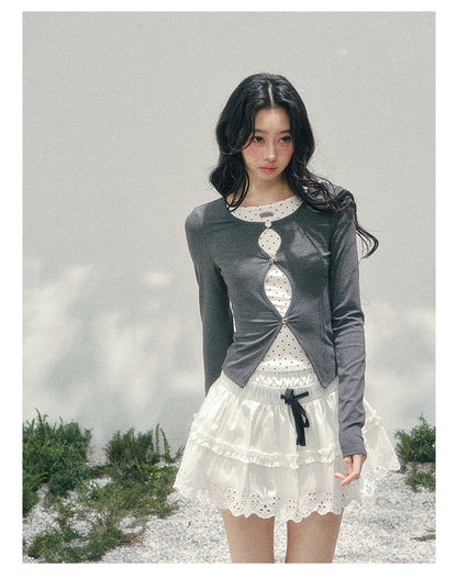 少也眼 "Twilight Pause" Faux Two-Piece Polka Dot T-Shirt in Soft Silver Gray 45234752