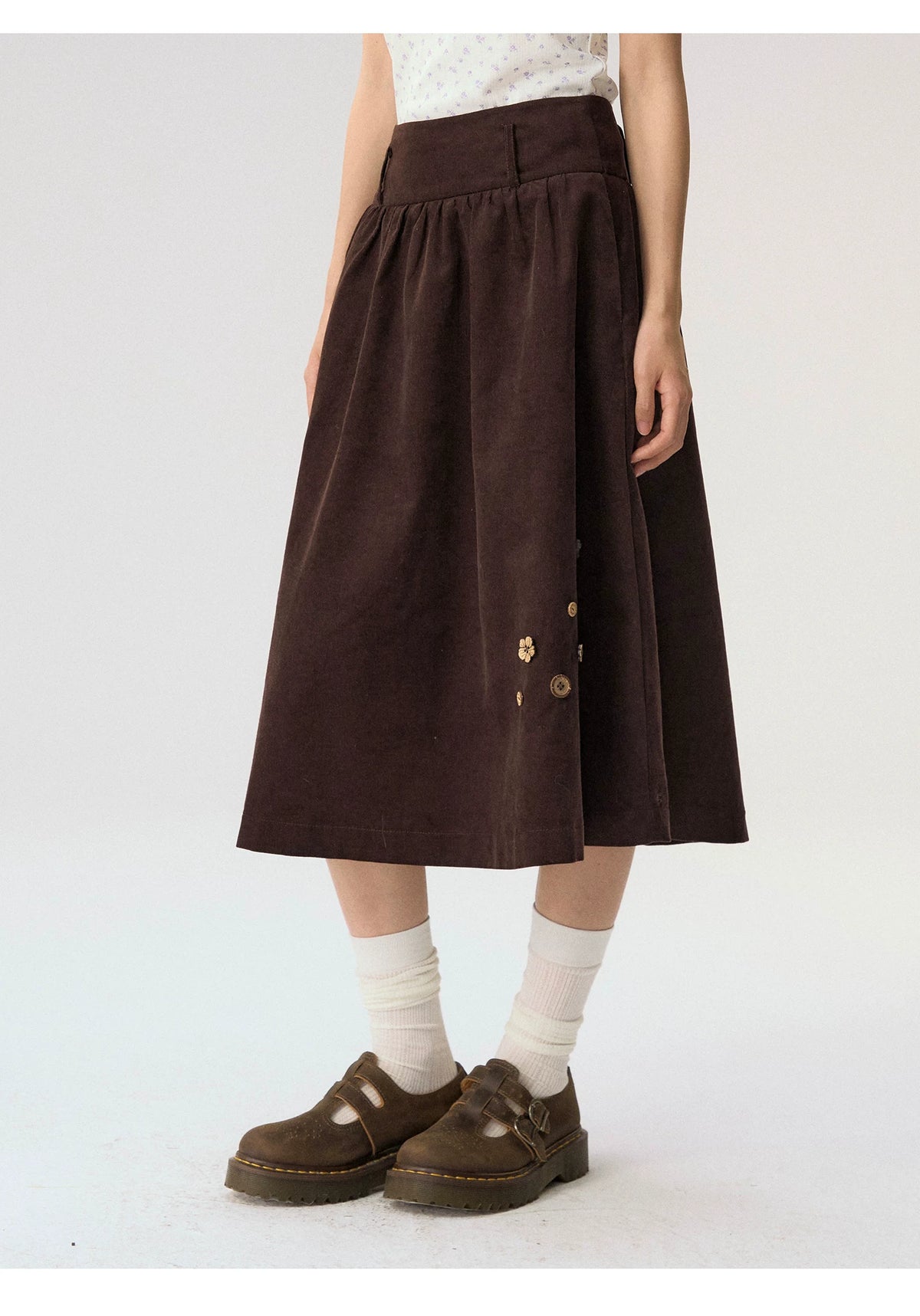 [CAN] “Caramel Glow” Brown Corduroy High-Waist A-Line Skirt